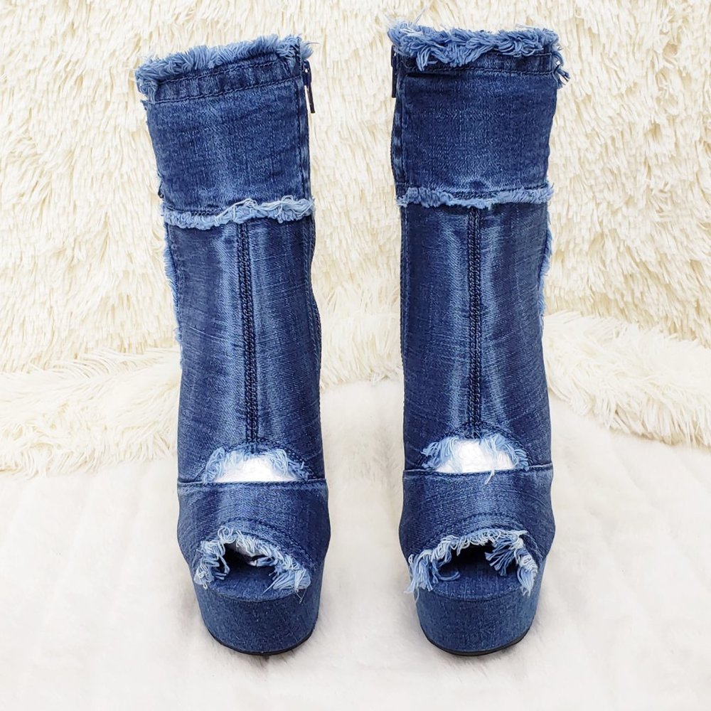 Stretch Denim Frayed Trim Ankle Boots 6" Heels_9